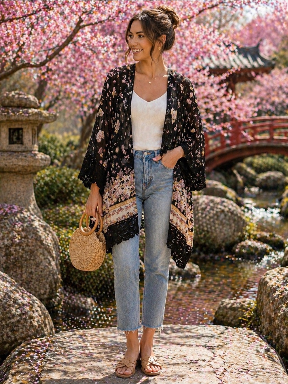 Rewind Black Floral Kimono Shrug with Pink and Cream Accents